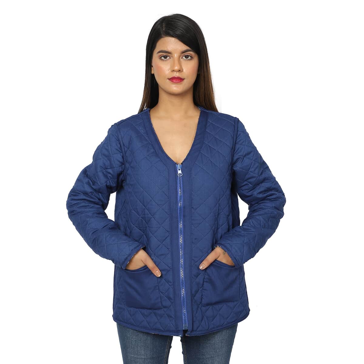 PASSAGE Reversible Quilted Jacket | V-Neck Zippered Quilted Jacket | Floral Print Jacket |100% Viscose Jacket | Blue Jacket- 2X image number 4