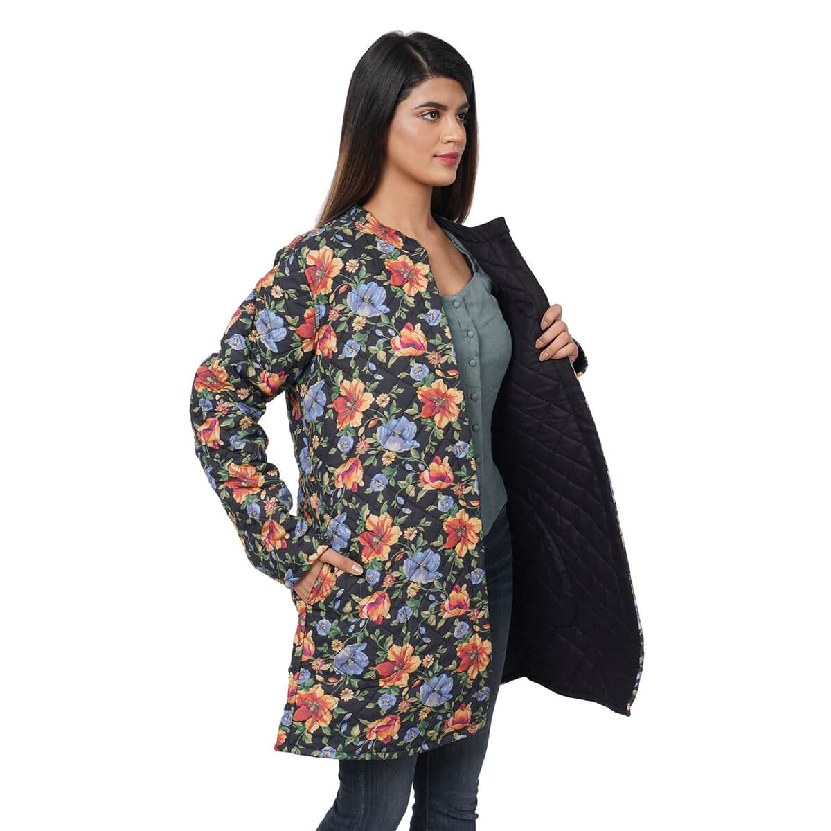 PASSAGE Reversible Button-Up Long Quilted Jacket - Floral Print/Reverse Side Black - S image number 1