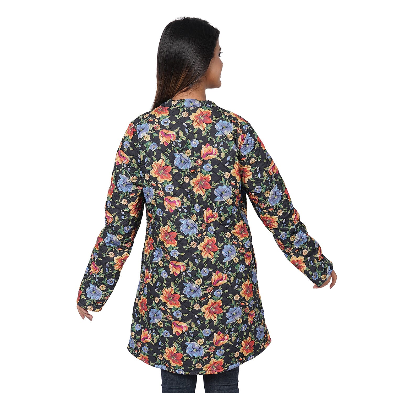 Passage Reversible Button-Up Long Quilted Jacket - Floral Print/Reverse Side Black - S