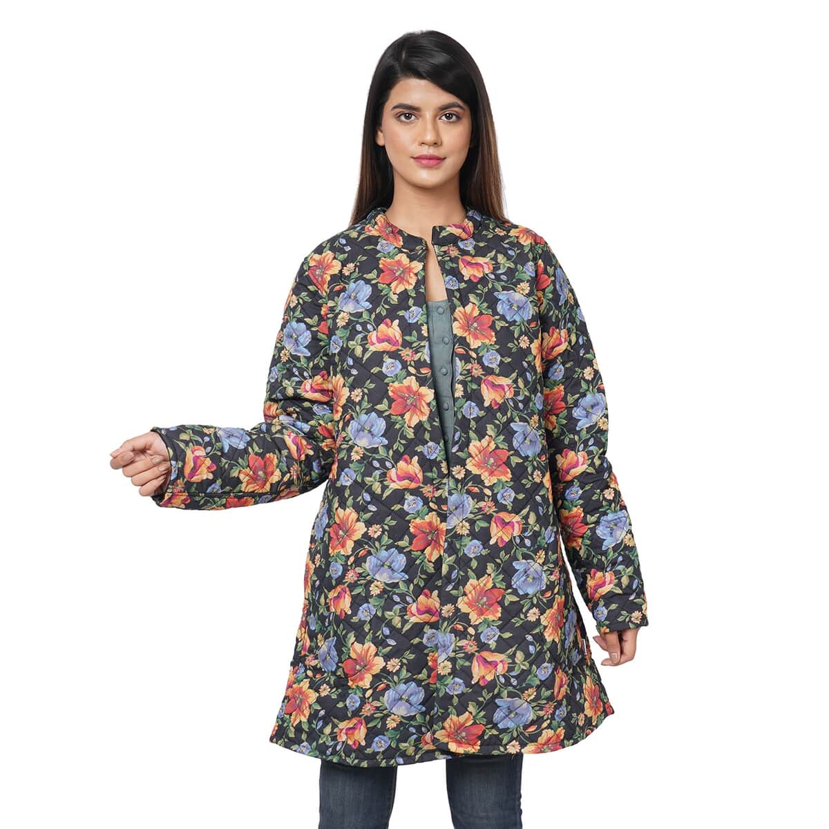 Passage Reversible Button-Up Long Quilted Jacket - Floral Print/Reverse Side Black - M image number 0