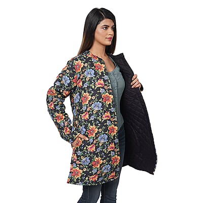 Passage Reversible Button-Up Long Quilted Jacket - Floral Print/Reverse Side Black - M