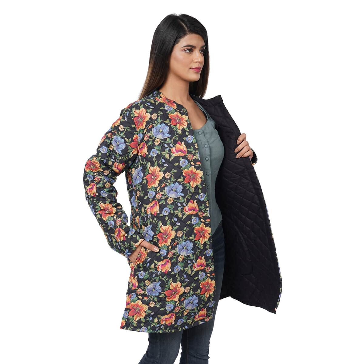 Passage Reversible Button-Up Long Quilted Jacket - Floral Print/Reverse Side Black - M image number 1