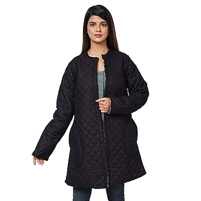 Passage Reversible Button-Up Long Quilted Jacket - Floral Print/Reverse Side Black - M