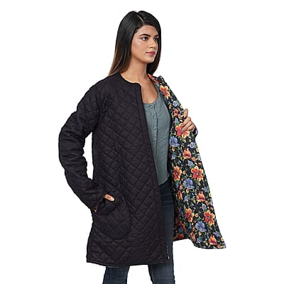 Passage Reversible Button-Up Long Quilted Jacket - Floral Print/Reverse Side Black - M