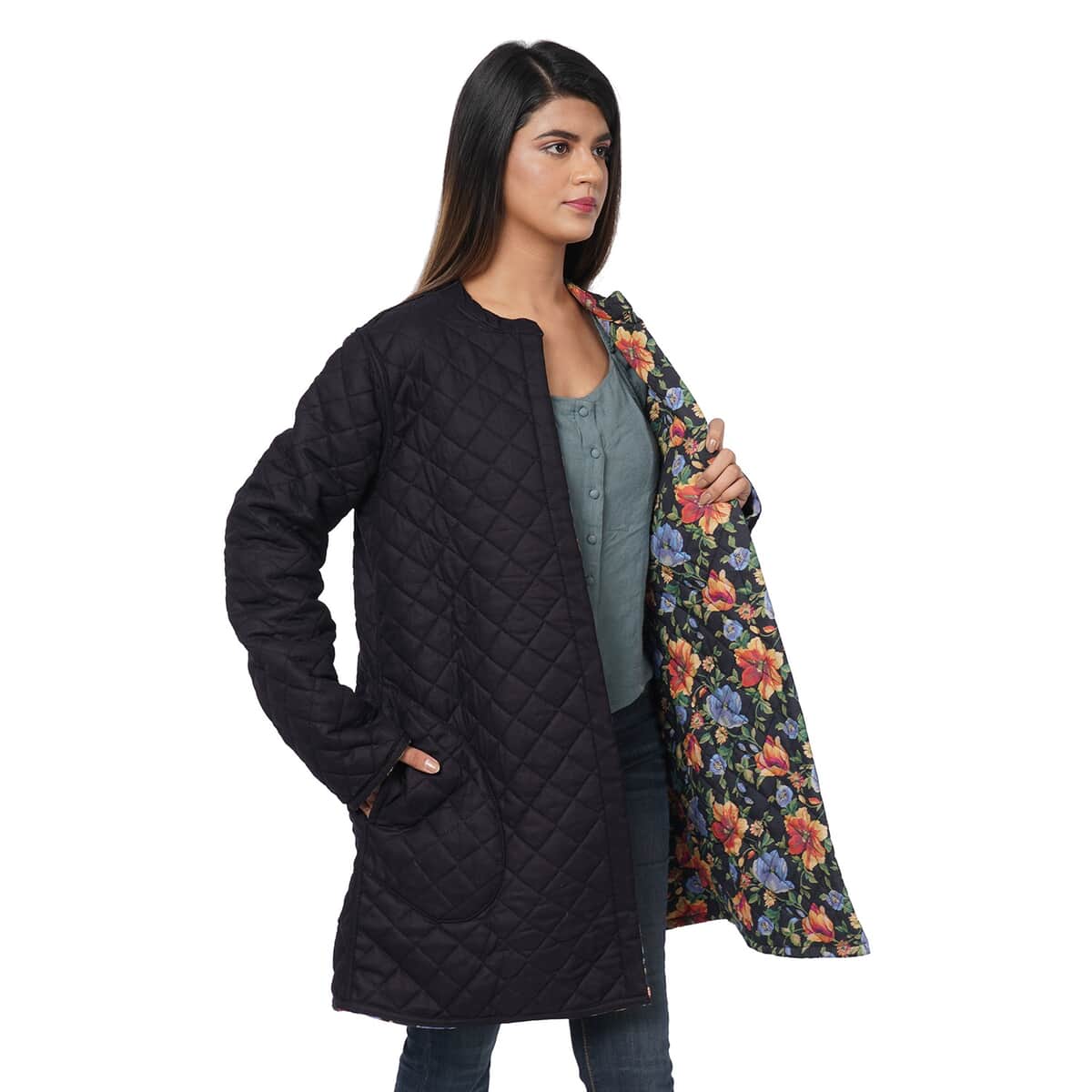 Passage Reversible Button-Up Long Quilted Jacket - Floral Print/Reverse Side Black - M image number 5