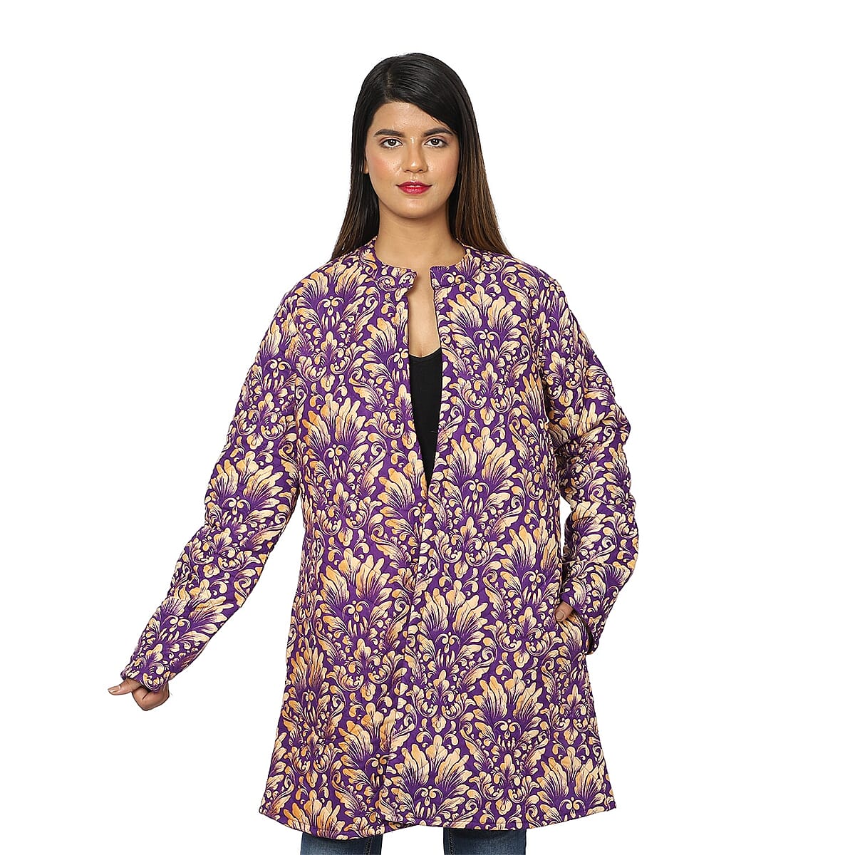 Passage Reversible Button-Up Long Quilted Jacket - Damask Print/Reverse Side Purple - L image number 0