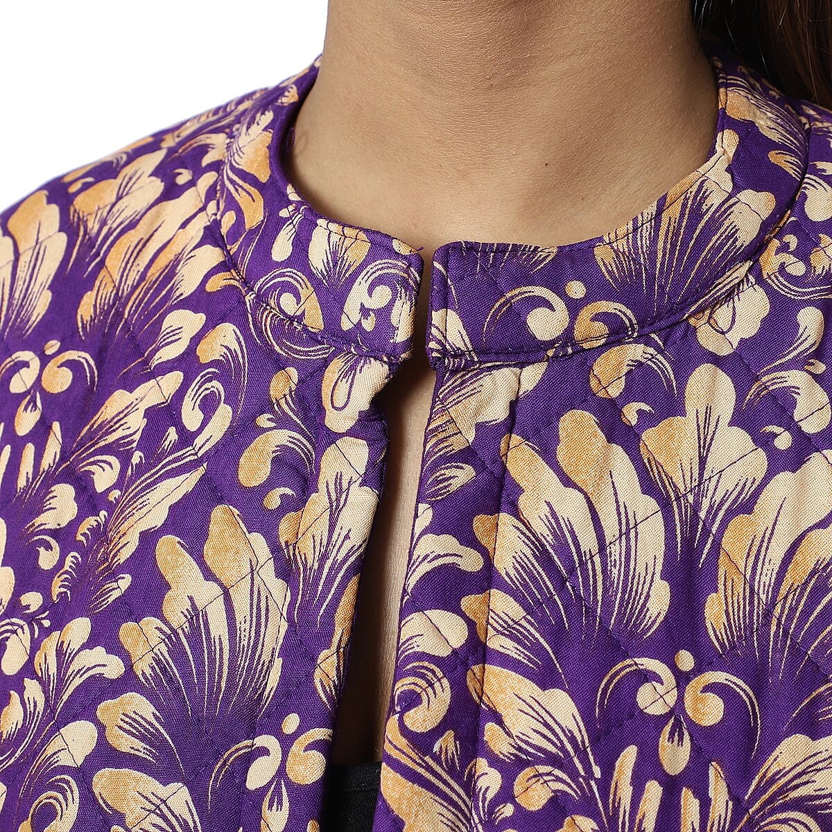 Passage Reversible Button-Up Long Quilted Jacket - Damask Print/Reverse Side Purple - L image number 3