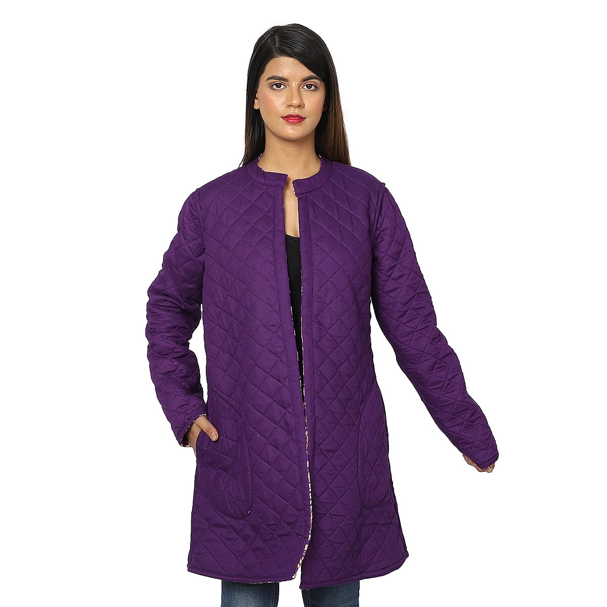 Passage Reversible Button-Up Long Quilted Jacket - Damask Print/Reverse Side Purple - L image number 4