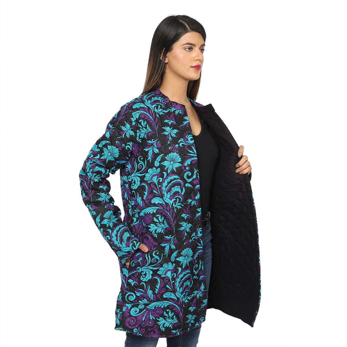 Passage Reversible Button-Up Long Quilted Jacket - Filigree Print/Reverse Side Black - L image number 2