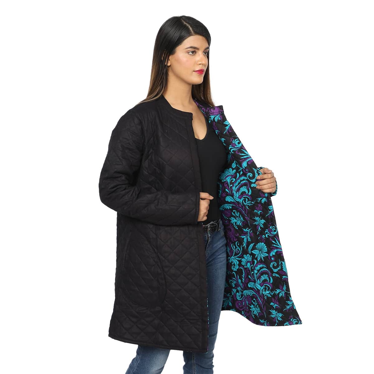 Passage Reversible Button-Up Long Quilted Jacket - Filigree Print/Reverse Side Black - L image number 5