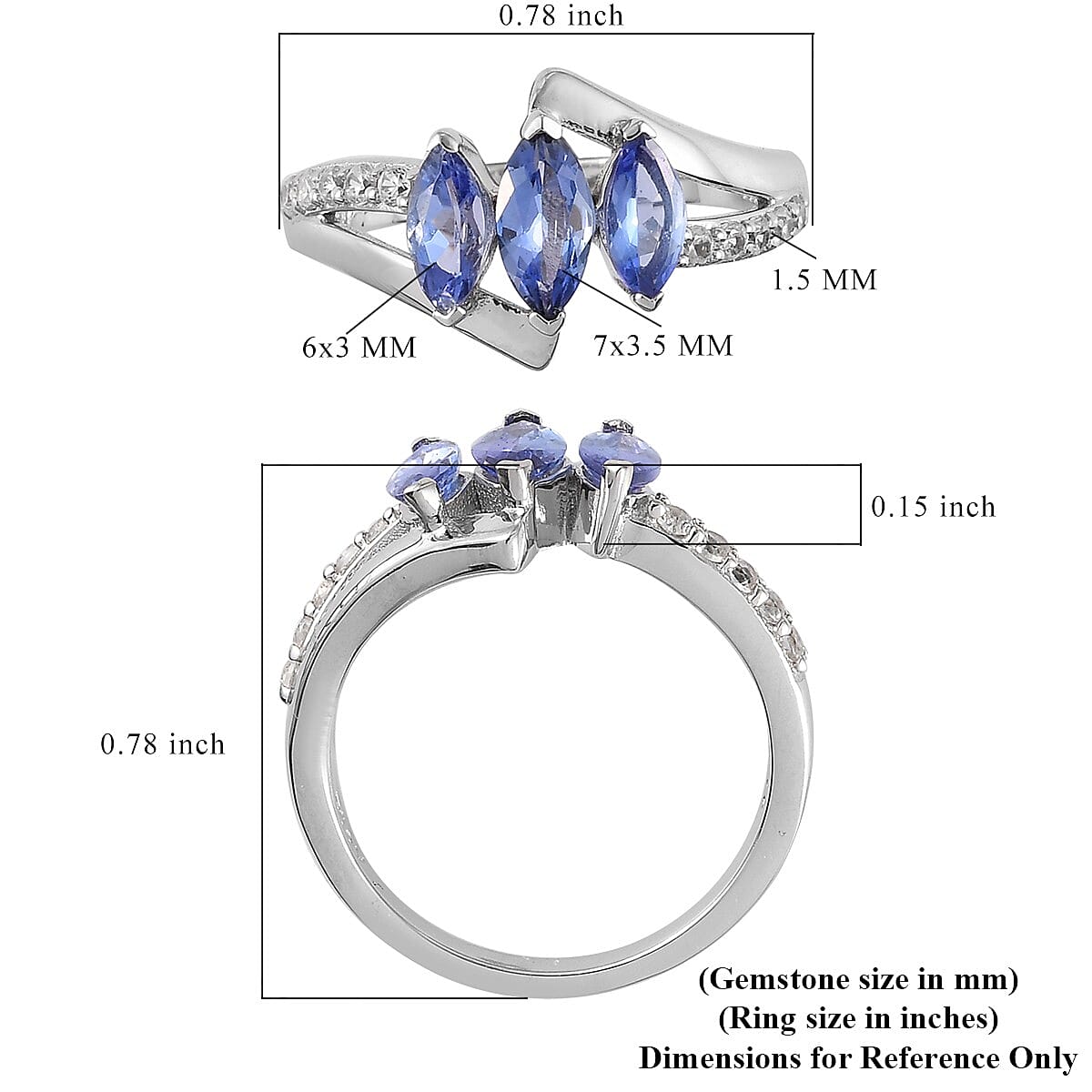 Tanzanite and Zircon Ring in Platinum Over Sterling Silver (Size 7.0) 1.15 ctw