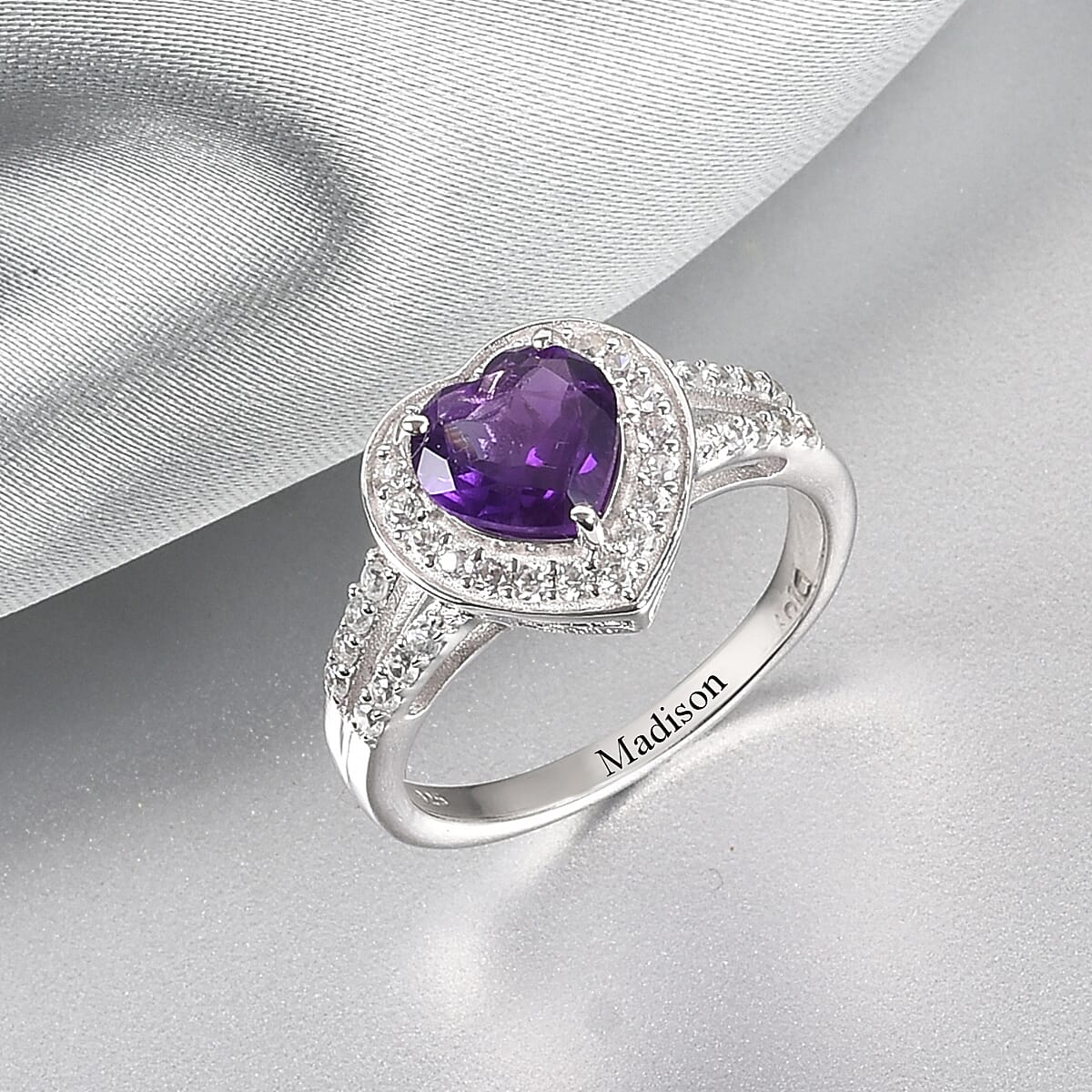 Amethyst, White Zircon Heart Ring in Platinum Over Sterling Silver (Size 6.0) 2.50 ctw