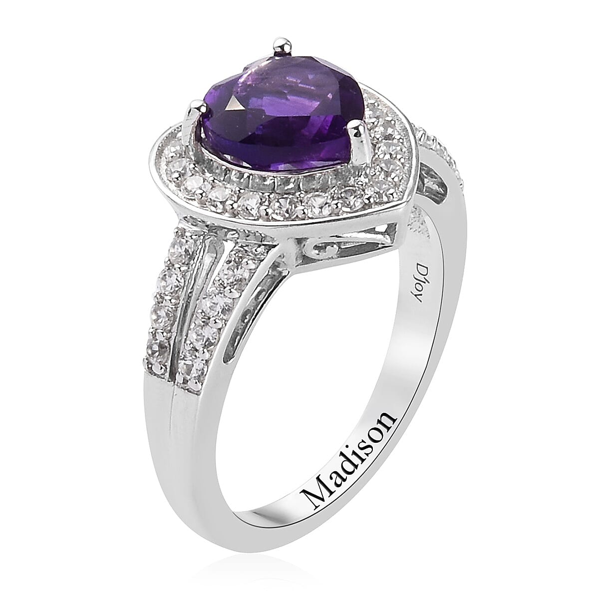 Amethyst, White Zircon Heart Ring in Platinum Over Sterling Silver (Size 6.0) 2.50 ctw