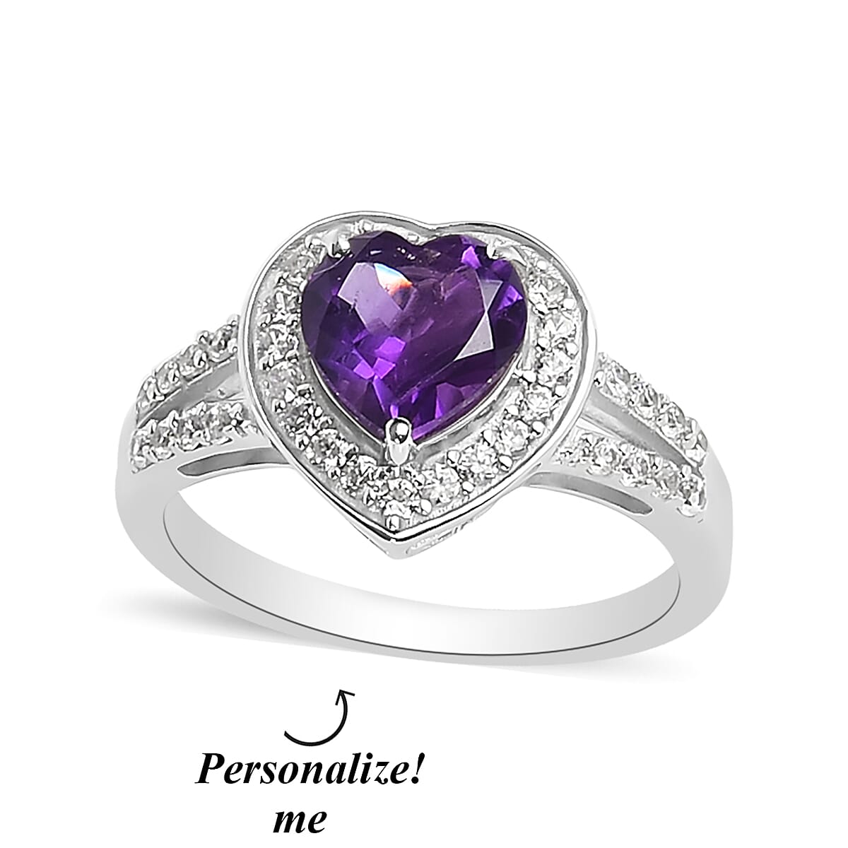 Amethyst, White Zircon Heart Ring in Platinum Over Sterling Silver (Size 6.0) 2.50 ctw