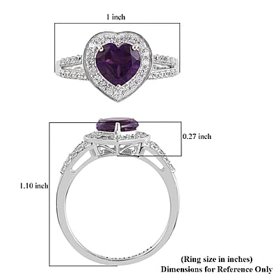 Amethyst, White Zircon Heart Ring in Platinum Over Sterling Silver (Size 6.0) 2.50 ctw