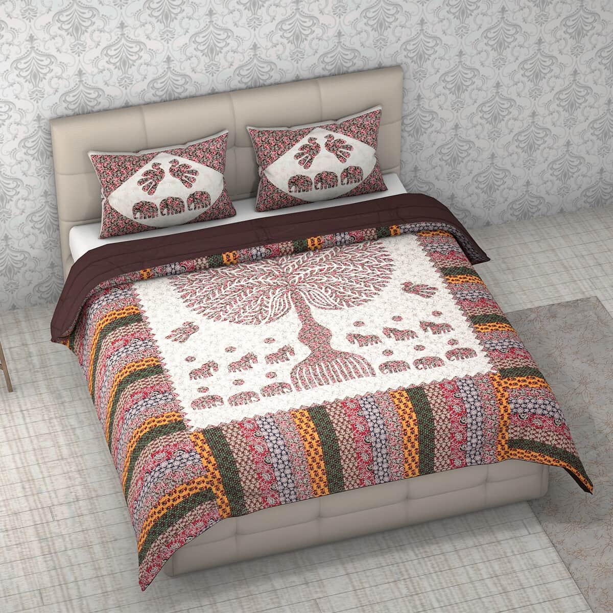Multi Color Tree of Life Print 100% Cotton Hand Quilted, Hand Stitched Quilt and 2pcs Pillow Sham image number 0
