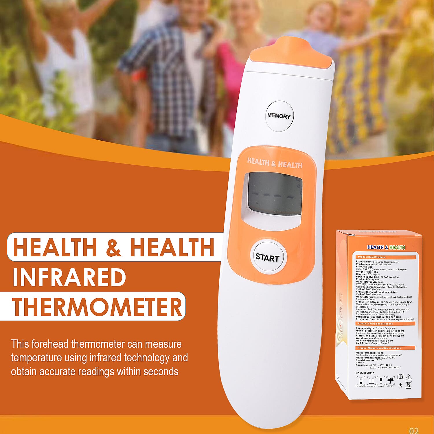 HEALTH & HEALTH Infrared Thermometer with 3 Color LCD Display (2xAAA Battery Not Included)