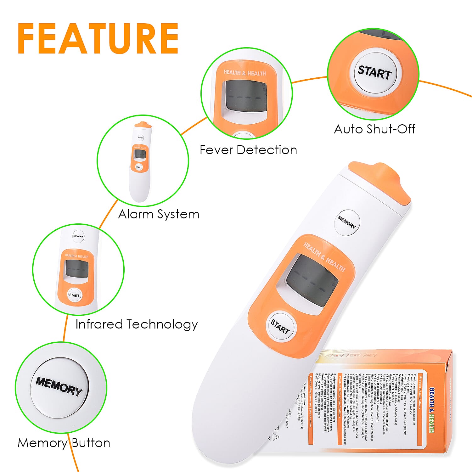 HEALTH & HEALTH Infrared Thermometer with 3 Color LCD Display (2xAAA Battery Not Included)