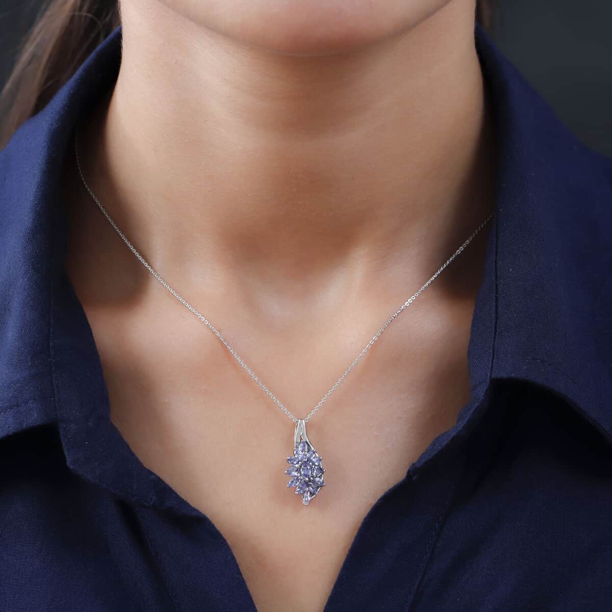 Tanzanite Floral Pendant Necklace 20 Inches in Platinum Over Sterling Silver 1.20 ctw image number 2