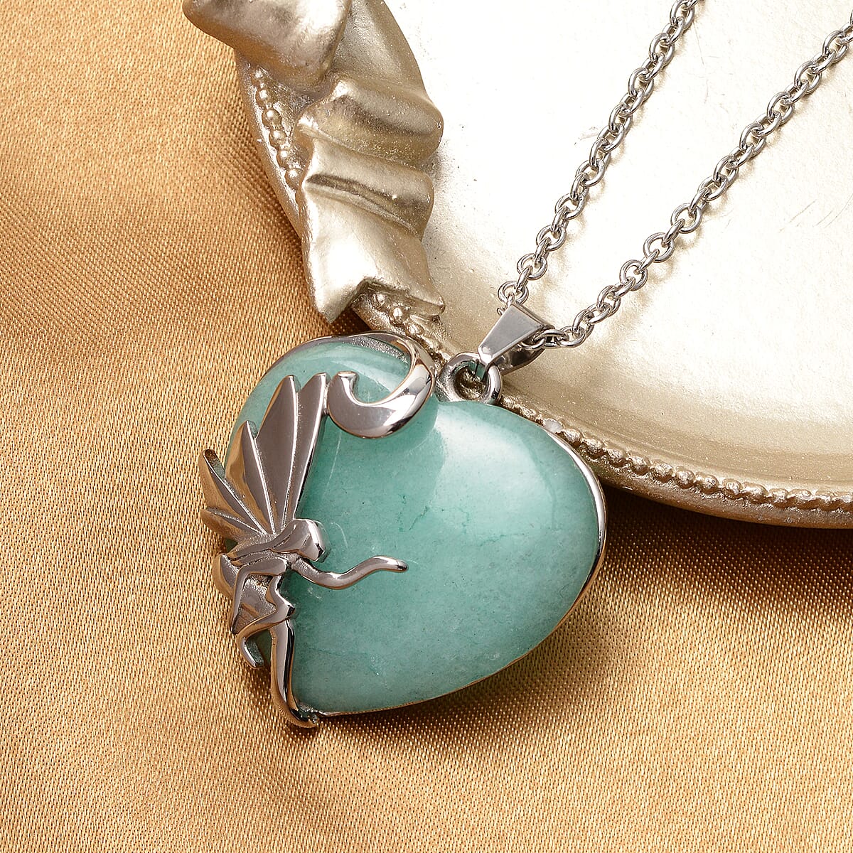 Amazonite Winged Fairy Pendant Necklace 20 Inch in Stainless Steel 30.00 ctw image number 1