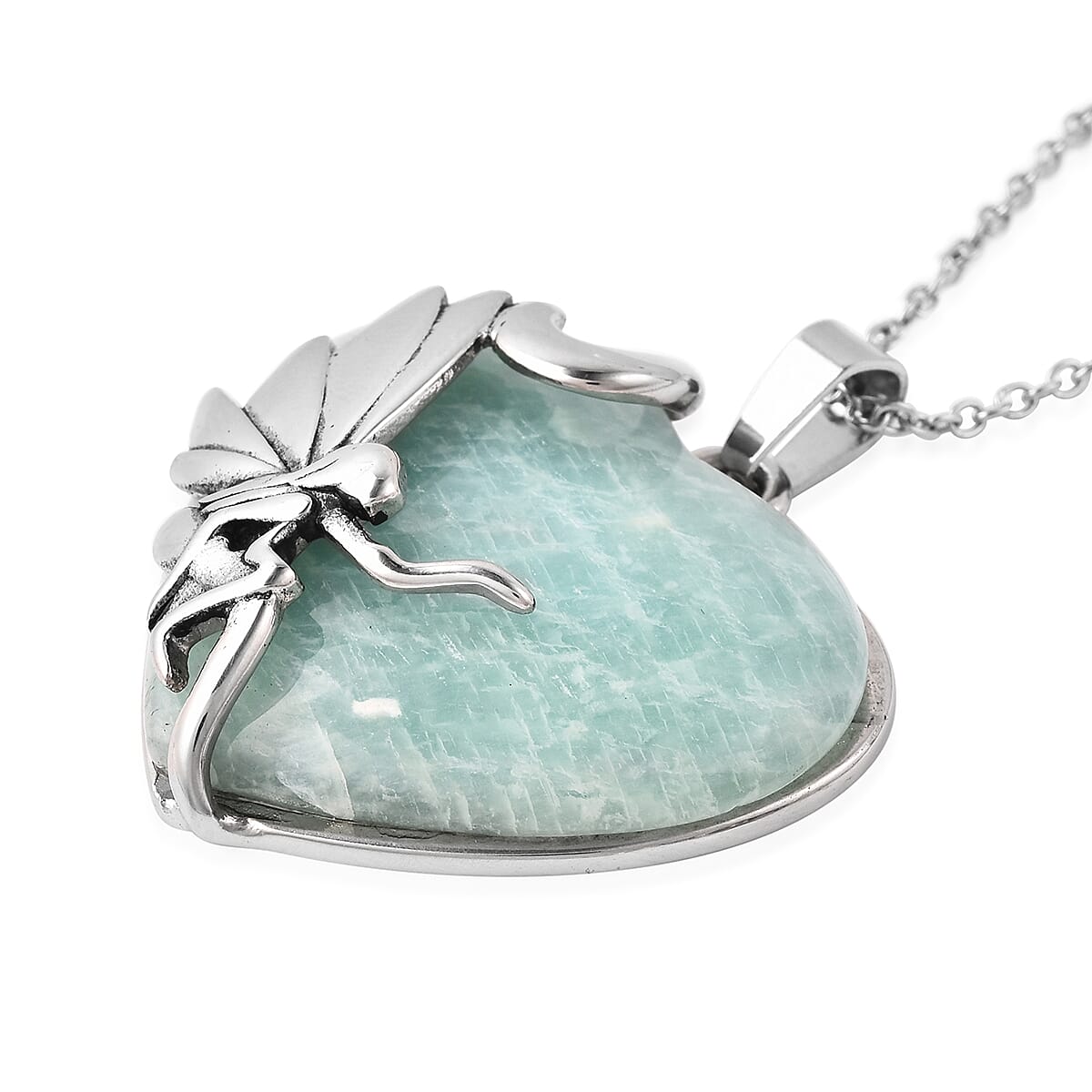 Amazonite Winged Fairy Pendant Necklace 20 Inch in Stainless Steel 30.00 ctw image number 3