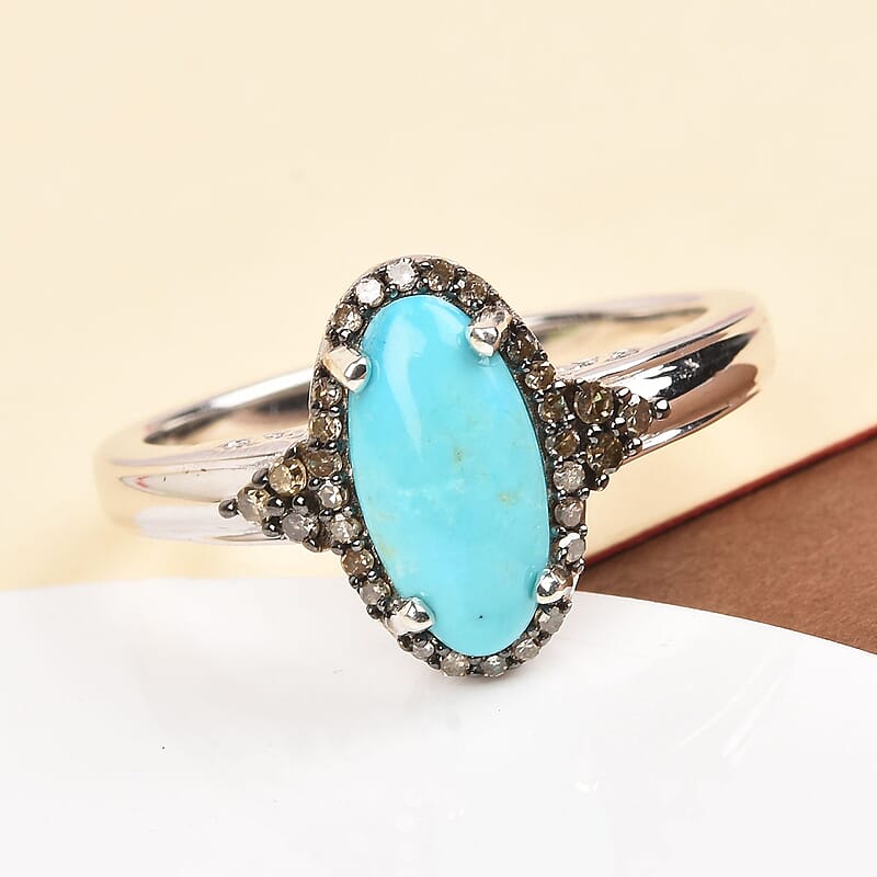 Sleeping Beauty Turquoise and Natural Champagne Diamond Ring in Platinum Over Sterling Silver (Size 10.0) 2.00 ctw