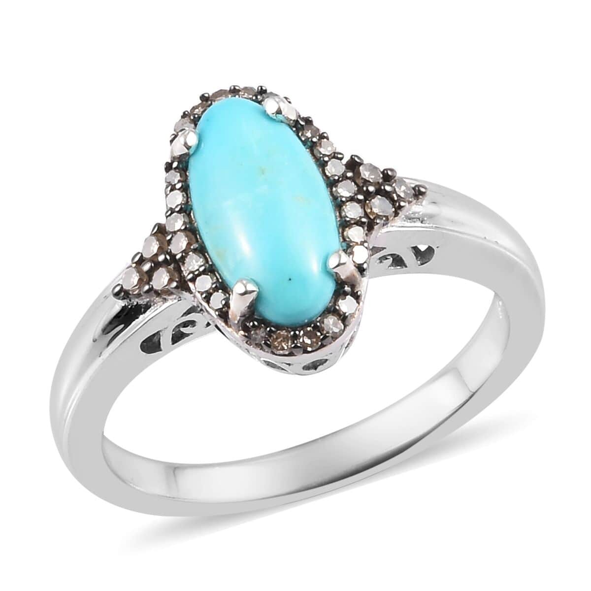 2 ctw Natural Arizona Sleeping Beauty Turquoise and Natural Champagne Diamond Ring in Platinum Over Sterling Silver (Size 9.0) image number 0