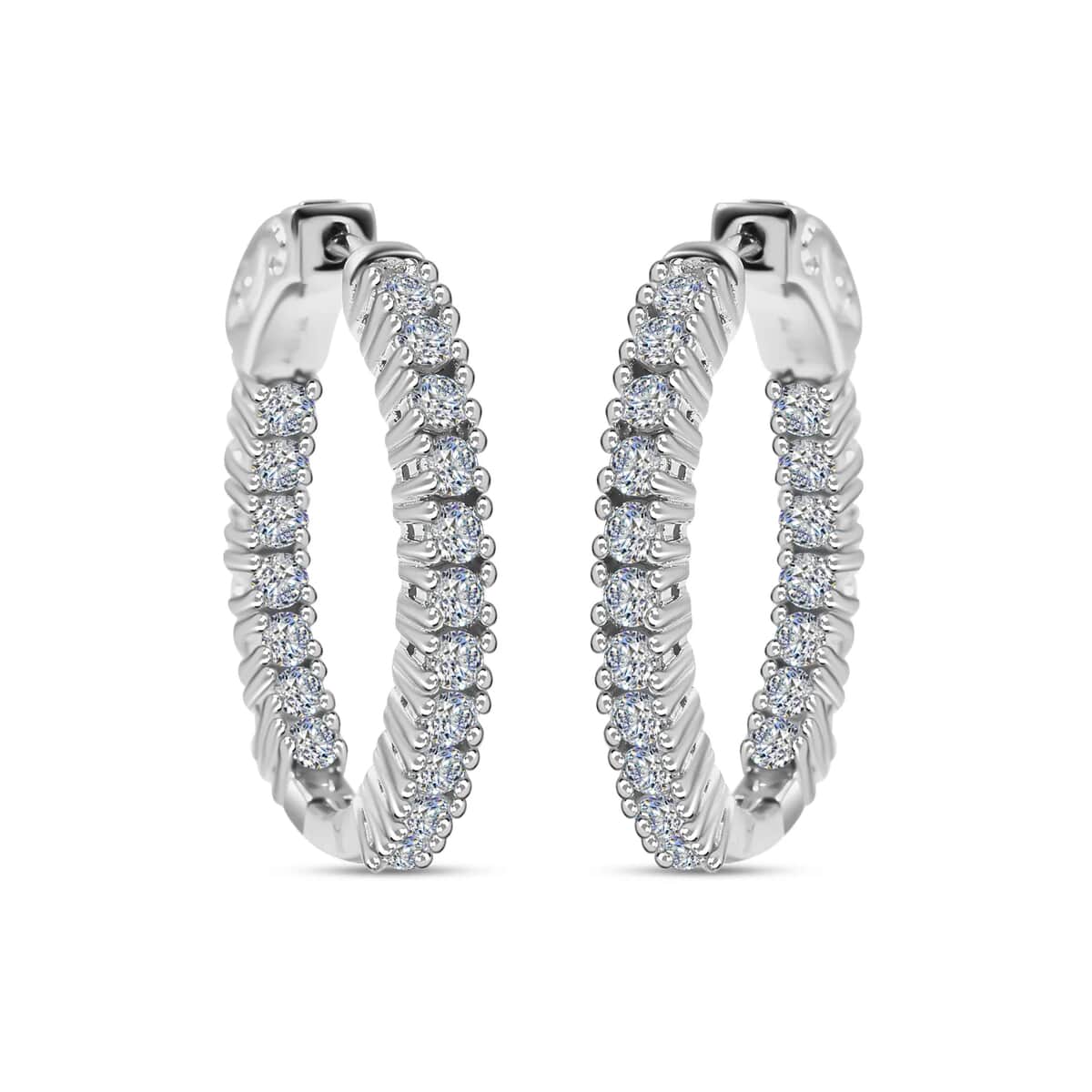 Moissanite Earrings in Platinum Over Sterling Silver, Inside Out Hoops, Silver Hoops 1.50 ctw image number 0