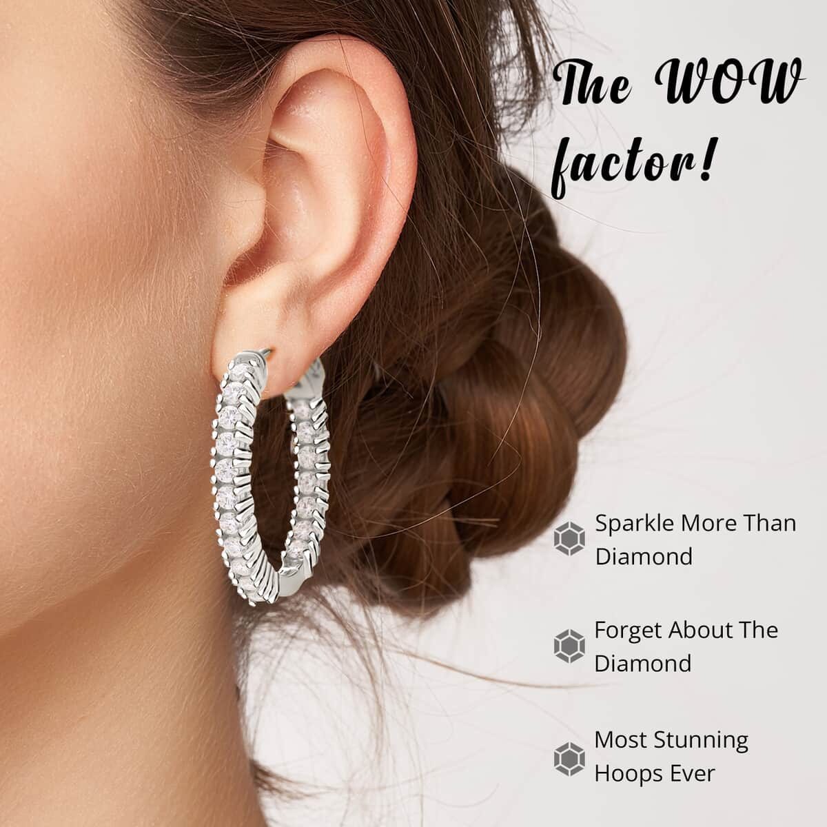 Moissanite Earrings in Platinum Over Sterling Silver, Inside Out Hoops, Silver Hoops 1.50 ctw image number 4