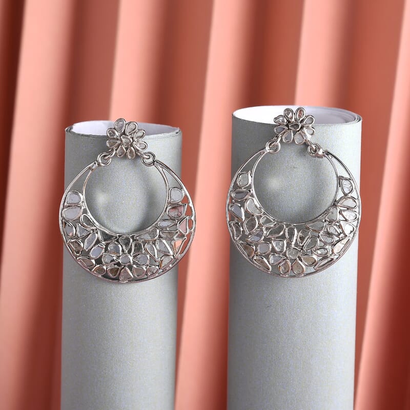 Artisan Crafted Polki Diamond Earrings in Platinum Over Sterling Silver 2.25 ctw
