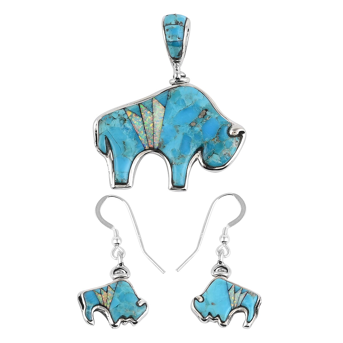 Santa Fe Style Kingman Turquoise and Multi Gemstone Reversible Bear Earrings and Pendant in Sterling Silver 24.40 Grams 4 ctw
