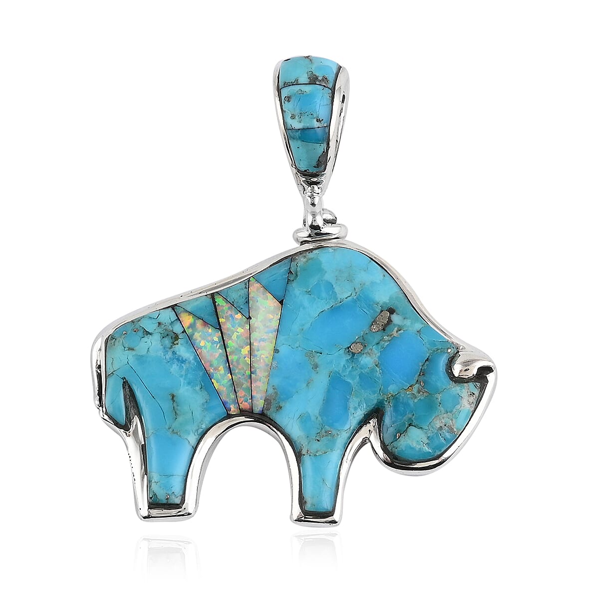 Santa Fe Style Kingman Turquoise and Multi Gemstone Reversible Bear Earrings and Pendant in Sterling Silver 24.40 Grams 4 ctw