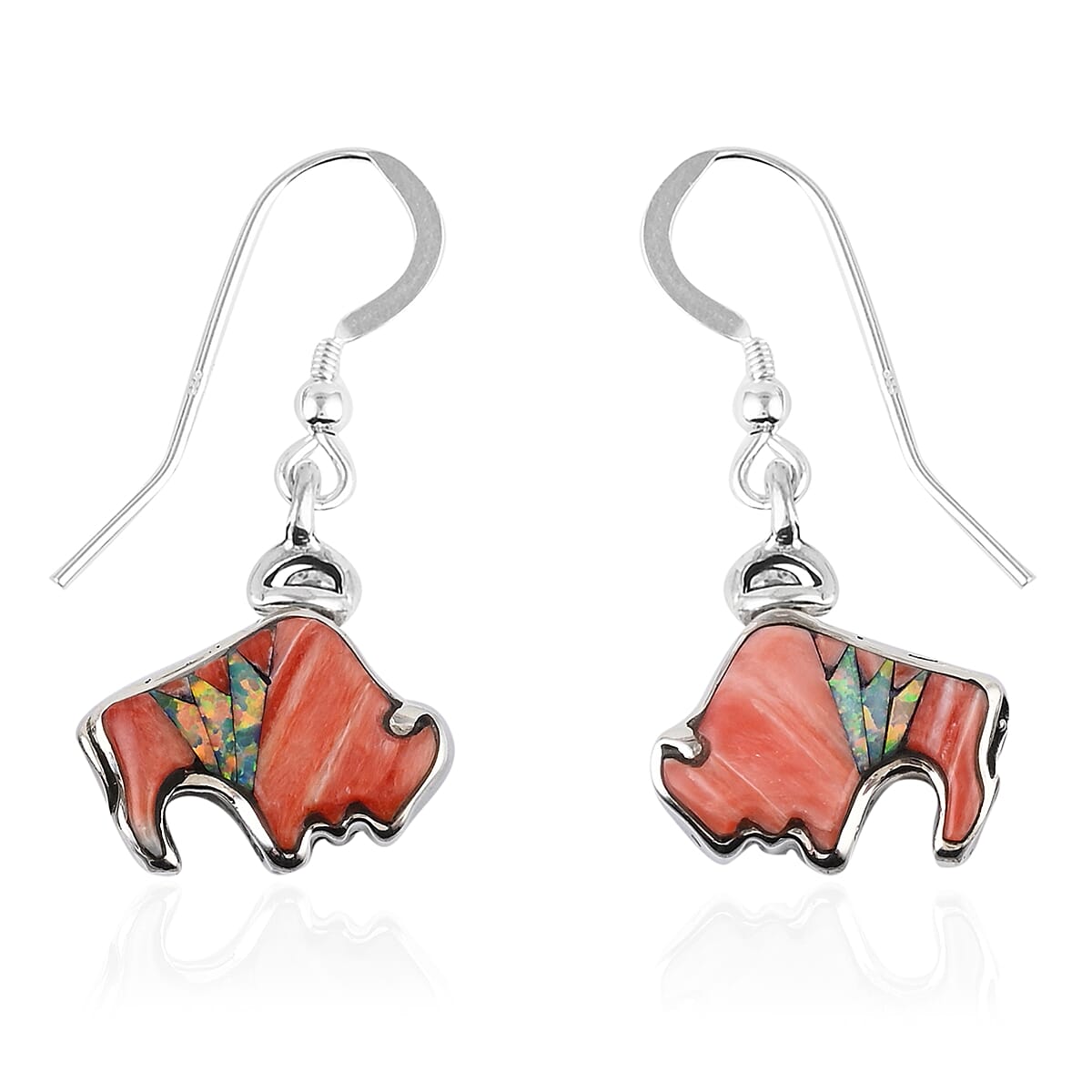 Santa Fe Style Kingman Turquoise and Multi Gemstone Reversible Bear Earrings and Pendant in Sterling Silver 24.40 Grams 4 ctw