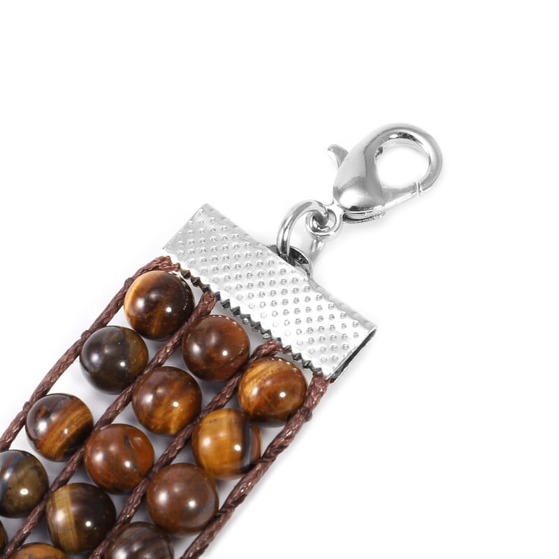 133 ctw Soulth African Yellow Tiger's Eye Three Row Beaded Bracelet in Silvertone (7.50 In)