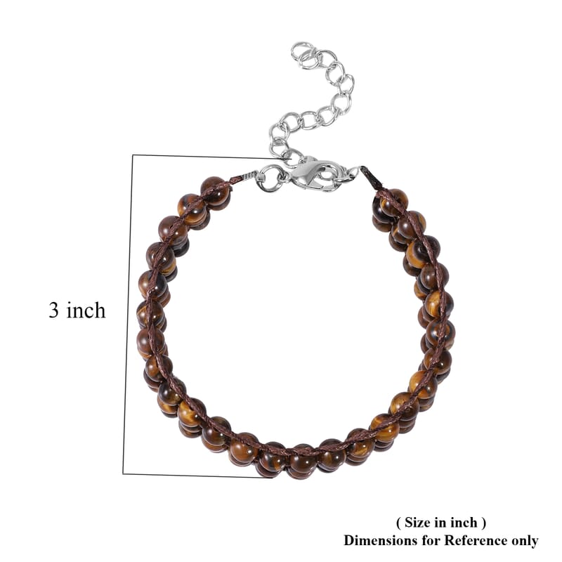 133 ctw Soulth African Yellow Tiger's Eye Three Row Beaded Bracelet in Silvertone (7.50 In)
