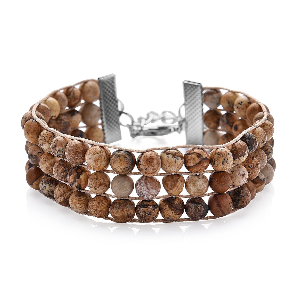 Picture Jasper 134.50 ctw Beaded Three Row Bracelet in Silvertone (7.50 In) image number 0