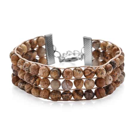 Picture Jasper Beaded Three Row Bracelet in Silvertone (7.50 In) 134.50 ctw image number 0