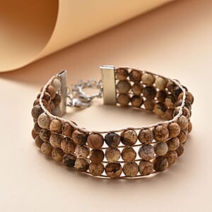 Picture Jasper 134.50 ctw Beaded Three Row Bracelet in Silvertone (7.50 In)