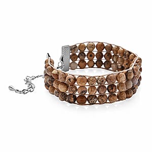 Picture Jasper 134.50 ctw Beaded Three Row Bracelet in Silvertone (7.50 In)