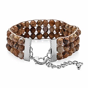 Picture Jasper 134.50 ctw Beaded Three Row Bracelet in Silvertone (7.50 In)