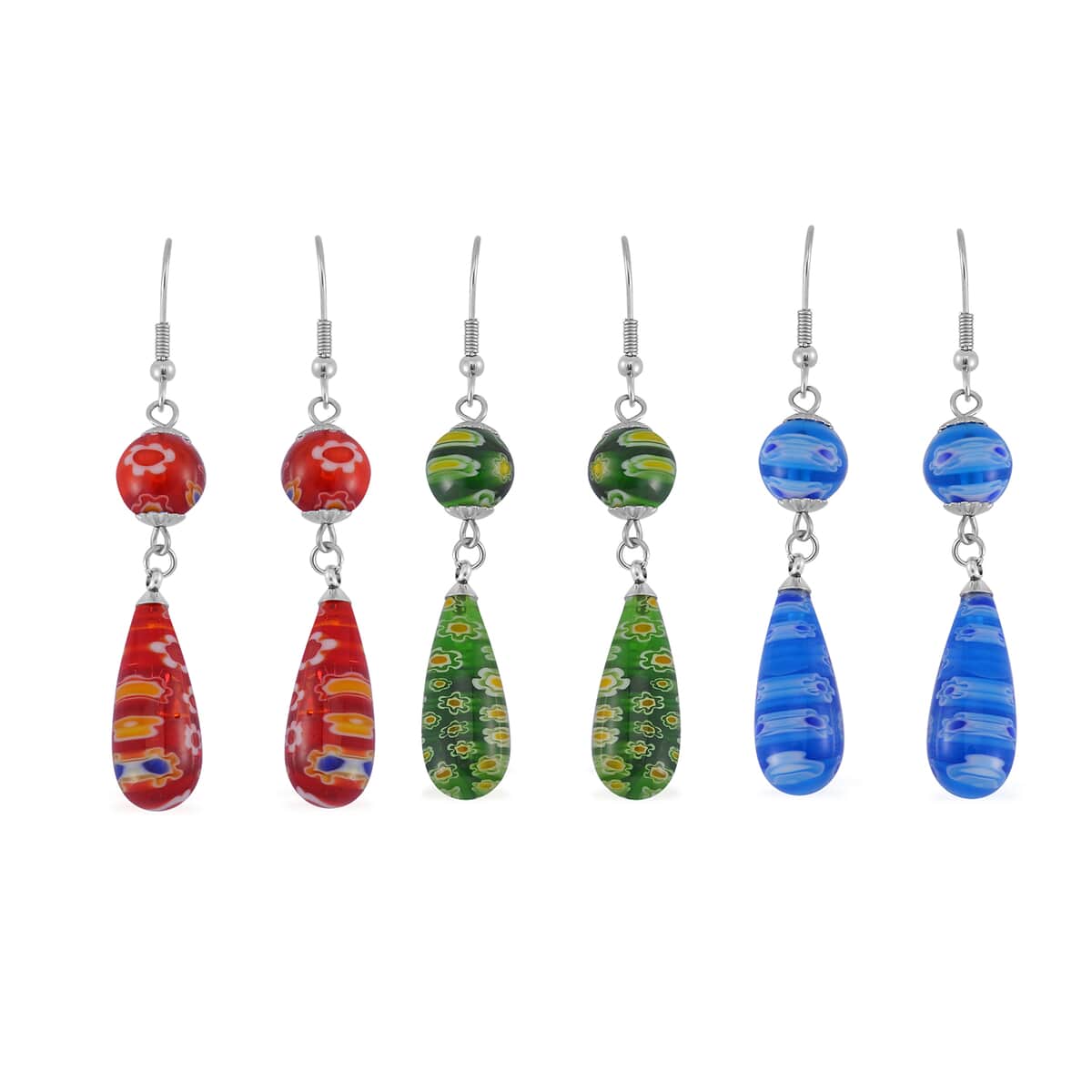 Blue, Green and Red Color Murano Style Set of 3 Earrings in Stainless Steel image number 0