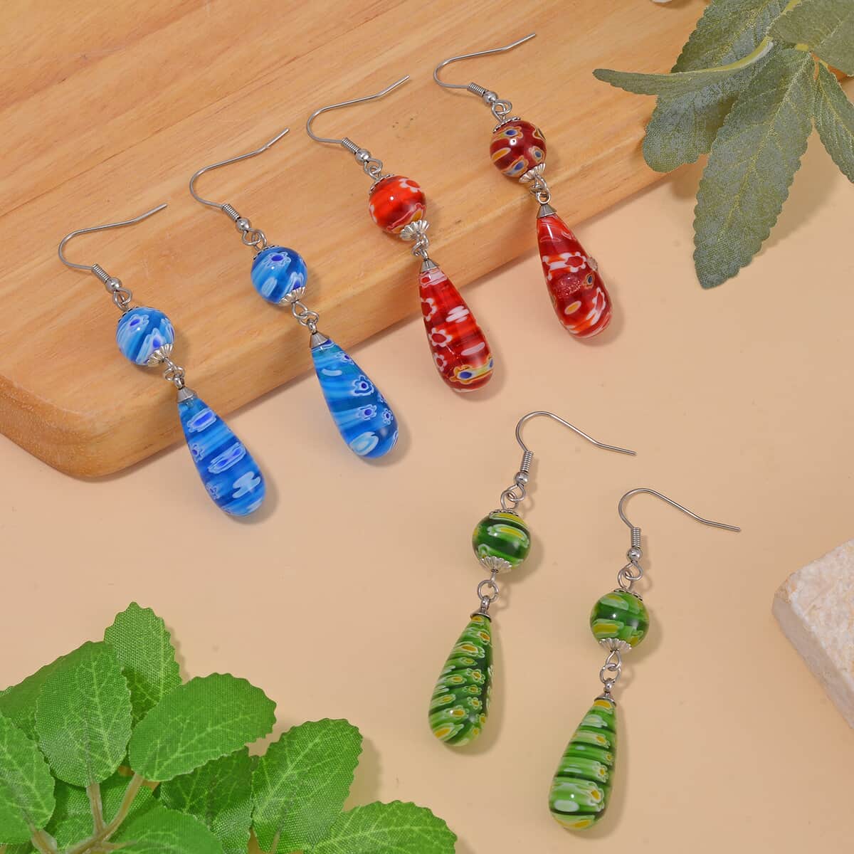 Blue, Green and Red Color Murano Style Set of 3 Earrings in Stainless Steel image number 1