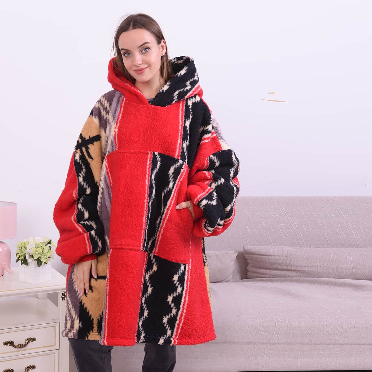 Homesmart Red Tribal Pattern Double Face Sherpa Long Sleeve Sweatshirt with Hood and Pockets , Women Sweatshirt , Hoodie , Graphic Hoodies , Designer Hoodies image number 1