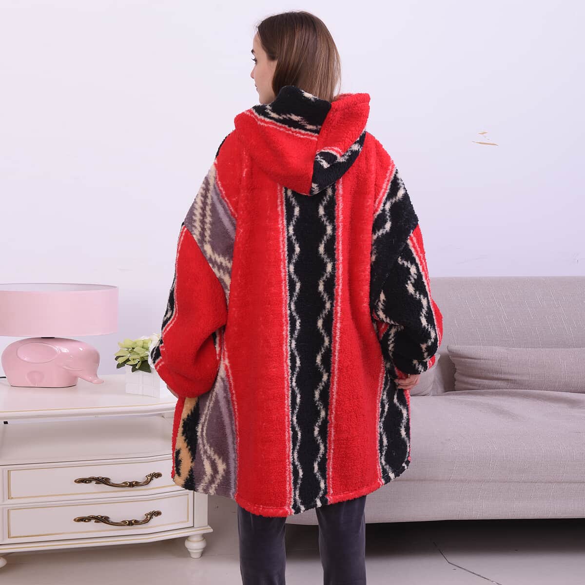 Homesmart Red Tribal Pattern Double Face Sherpa Long Sleeve Sweatshirt with Hood and Pockets , Women Sweatshirt , Hoodie , Graphic Hoodies , Designer Hoodies image number 2