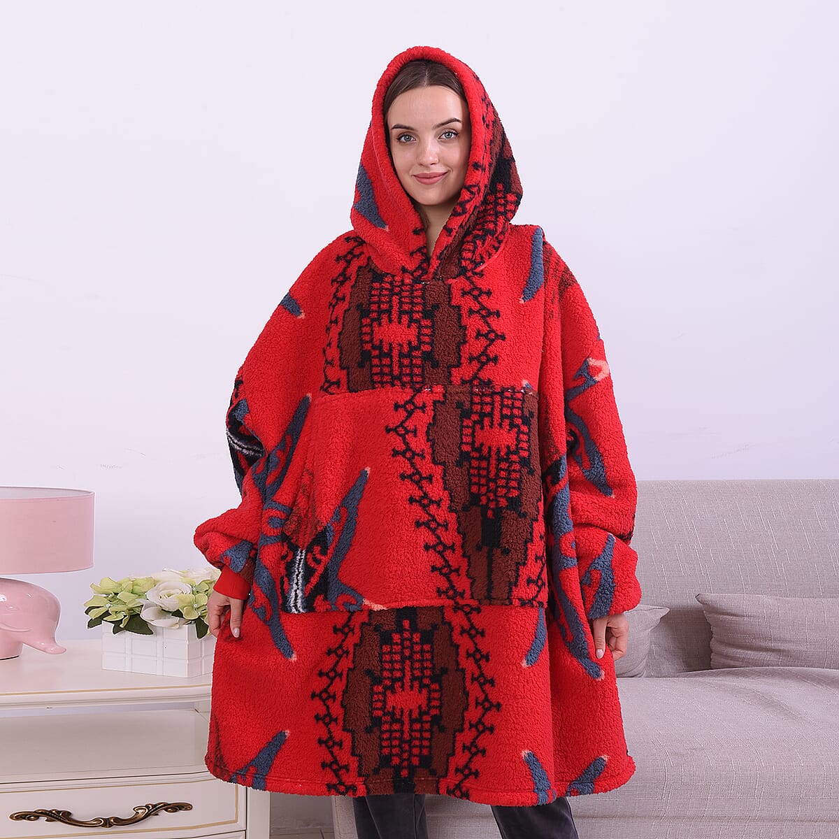 Homesmart Red and Black Tribal Pattern Double Face Sherpa Long Sleeve Sweatshirt with Hood and Pockets , Women Sweatshirt , Hoodie , Graphic Hoodies , Designer Hoodies image number 1