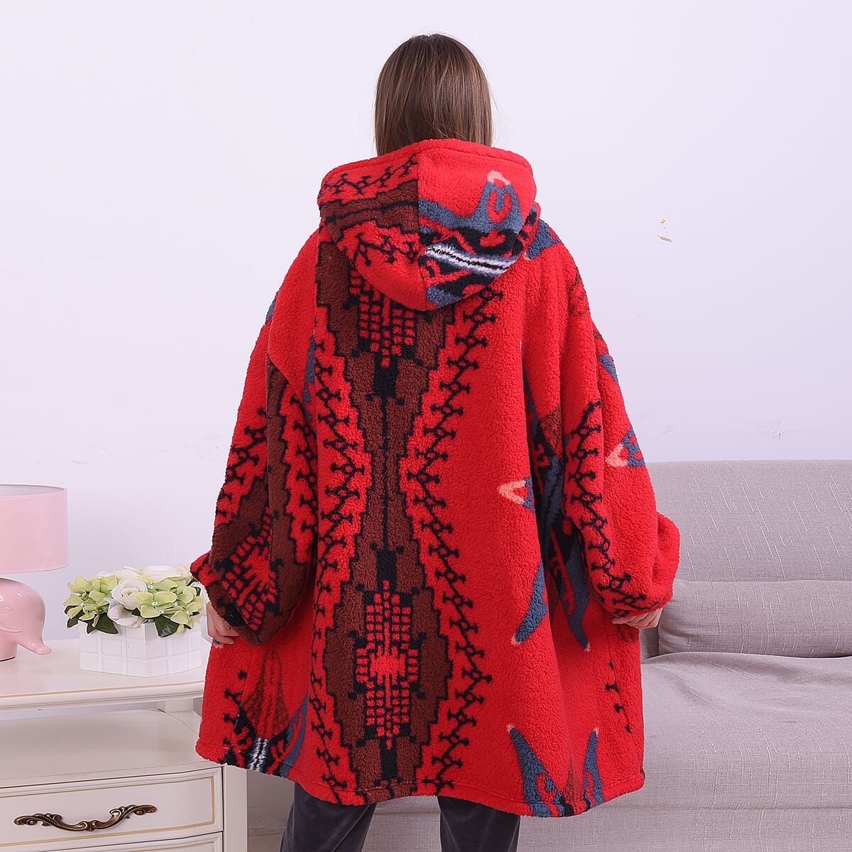 Homesmart Red and Black Tribal Pattern Double Face Sherpa Long Sleeve Sweatshirt with Hood and Pockets , Women Sweatshirt , Hoodie , Graphic Hoodies , Designer Hoodies image number 2