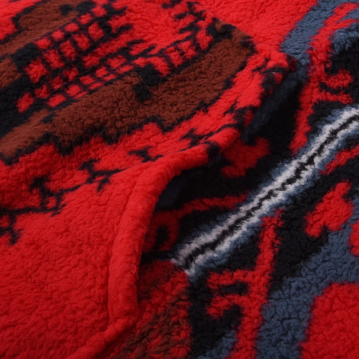 Homesmart Red and Black Tribal Pattern Double Face Sherpa Long Sleeve Sweatshirt with Hood and Pockets , Women Sweatshirt , Hoodie , Graphic Hoodies , Designer Hoodies image number 5