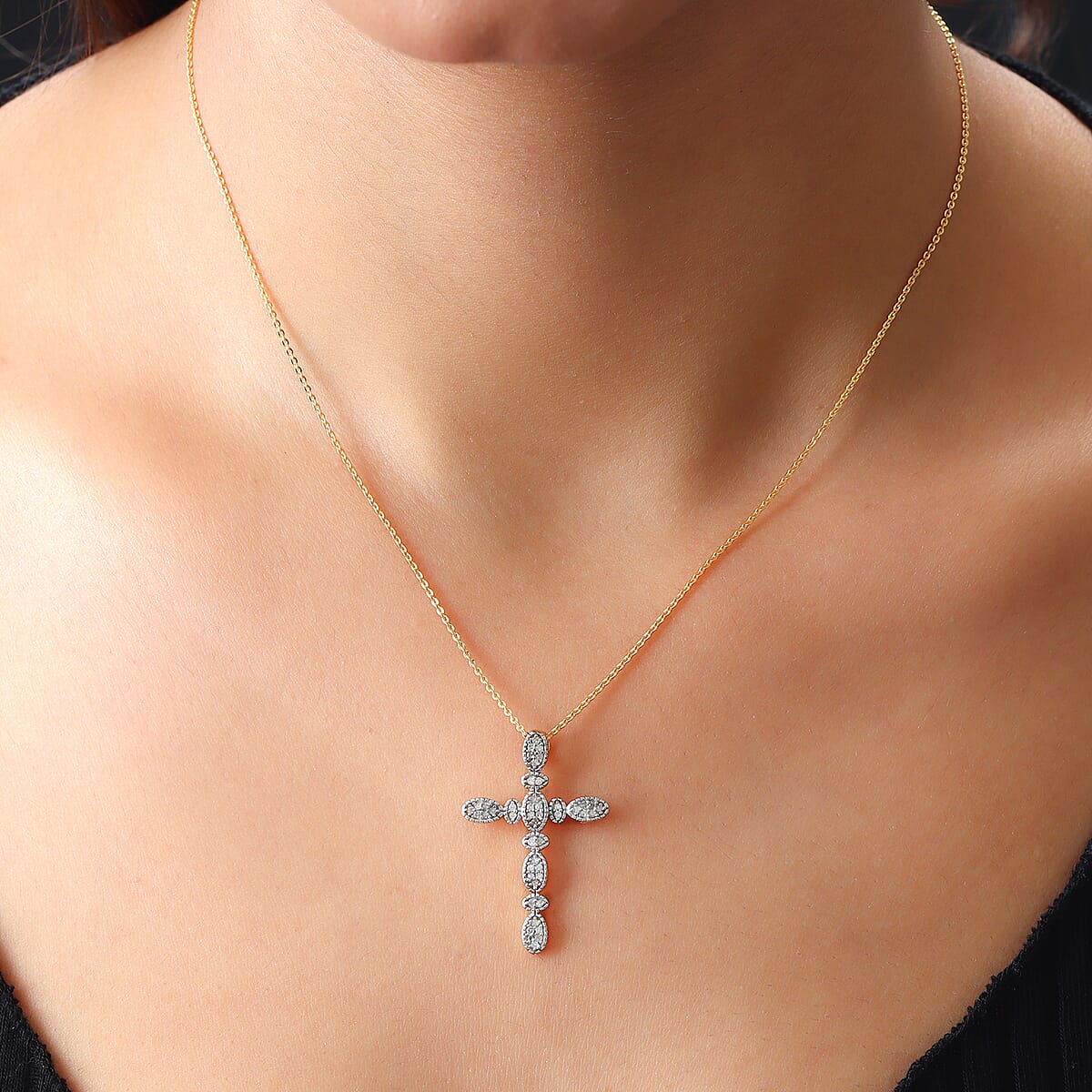 0.25 ctw Diamond Cross Pendant Necklace 20 Inch in Vermeil Yellow Gold Over Sterling Silver image number 2