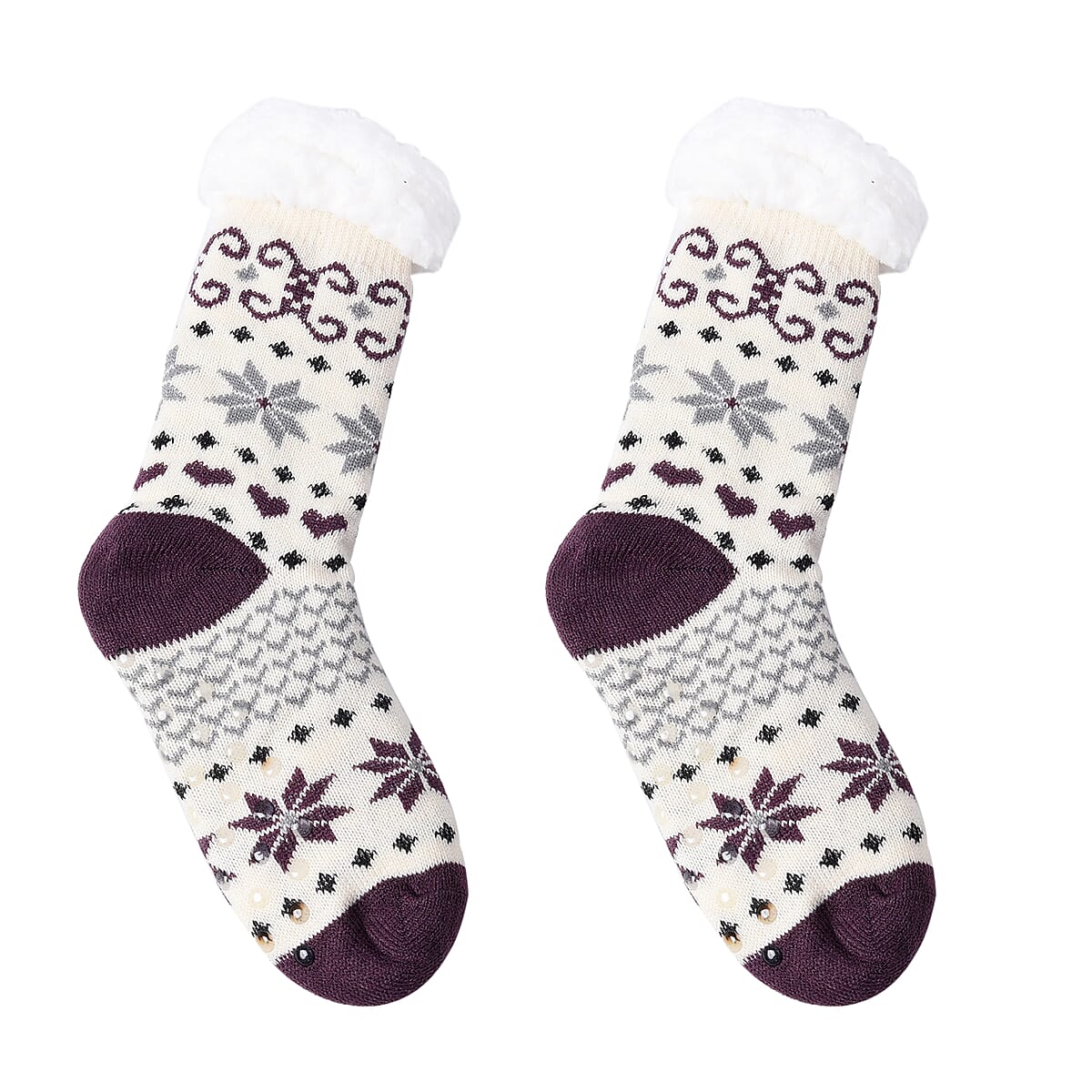 Homesmart Set of 2 Warm & Fuzzy Red & Black Check and Deer Pattern Sherpa Lined Slipper Socks (Women's Size 5-10) with Anti Slip Rubber image number 1