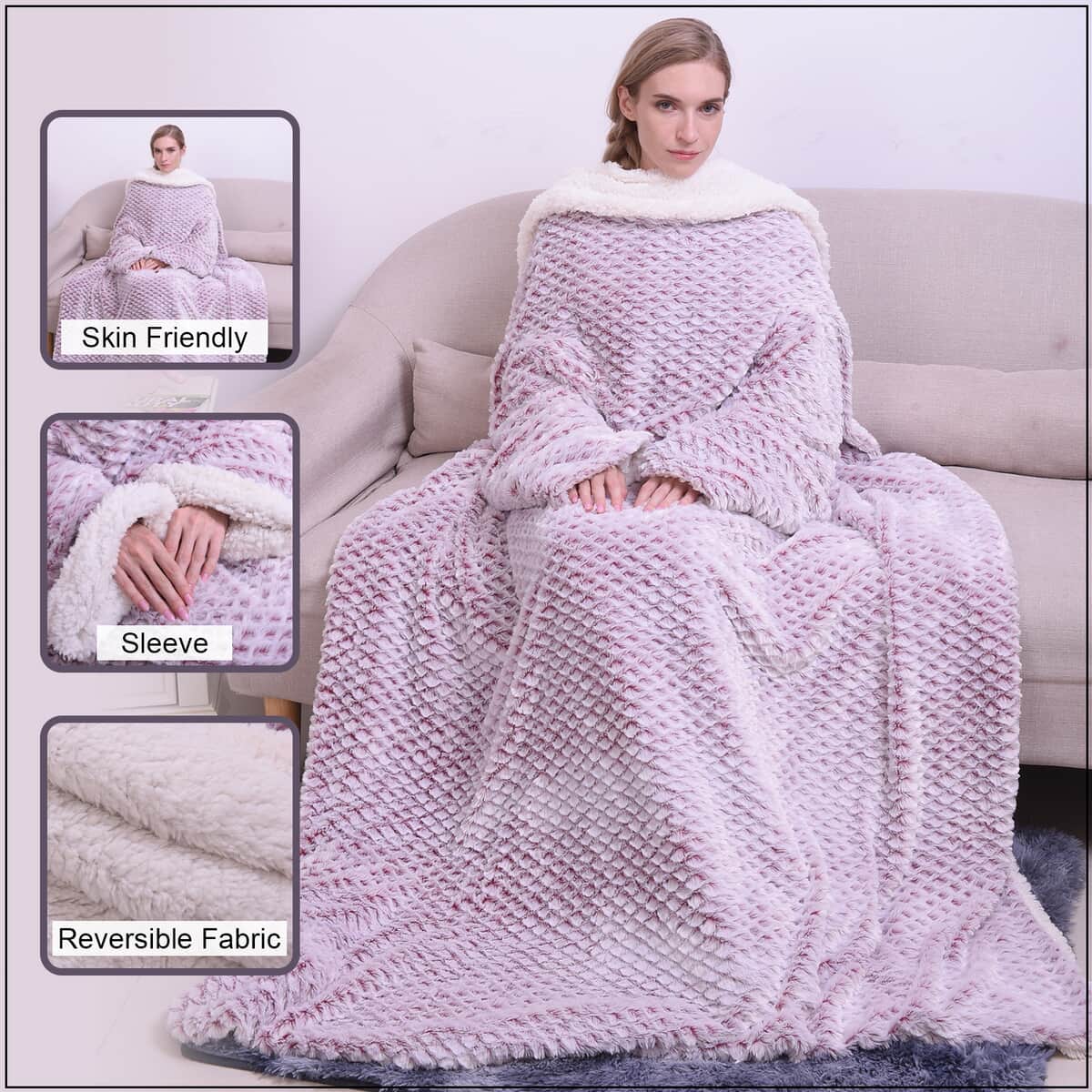 HOMESMART Checkered Pattern Faux Fur Soft and Cozy Reversible Sherpa TV Blanket with Sleeves image number 1